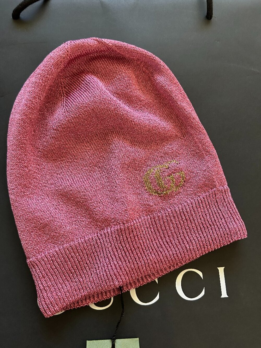 NWT Gucci GG Logo Ribbed Knit Beanie Hat Pink Size L